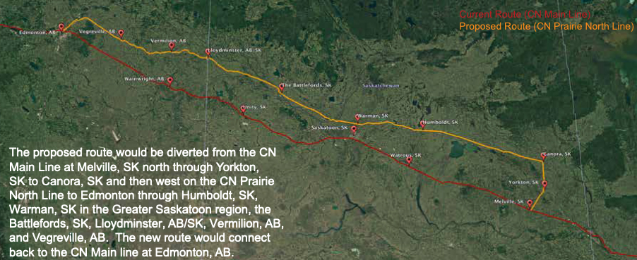 Map of two rail lines in Saskatchewan