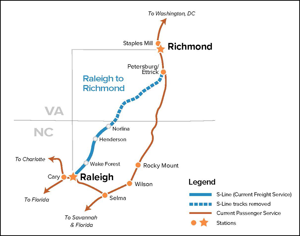 Map of planned passenger rail line between Raleigh, N.C., and Richmond, Va.