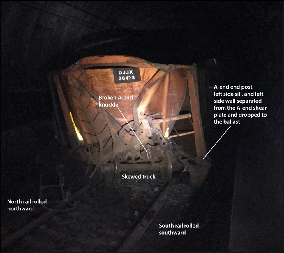 Photo of derailed bathtub gondola car in tunnel, with notations on damage.