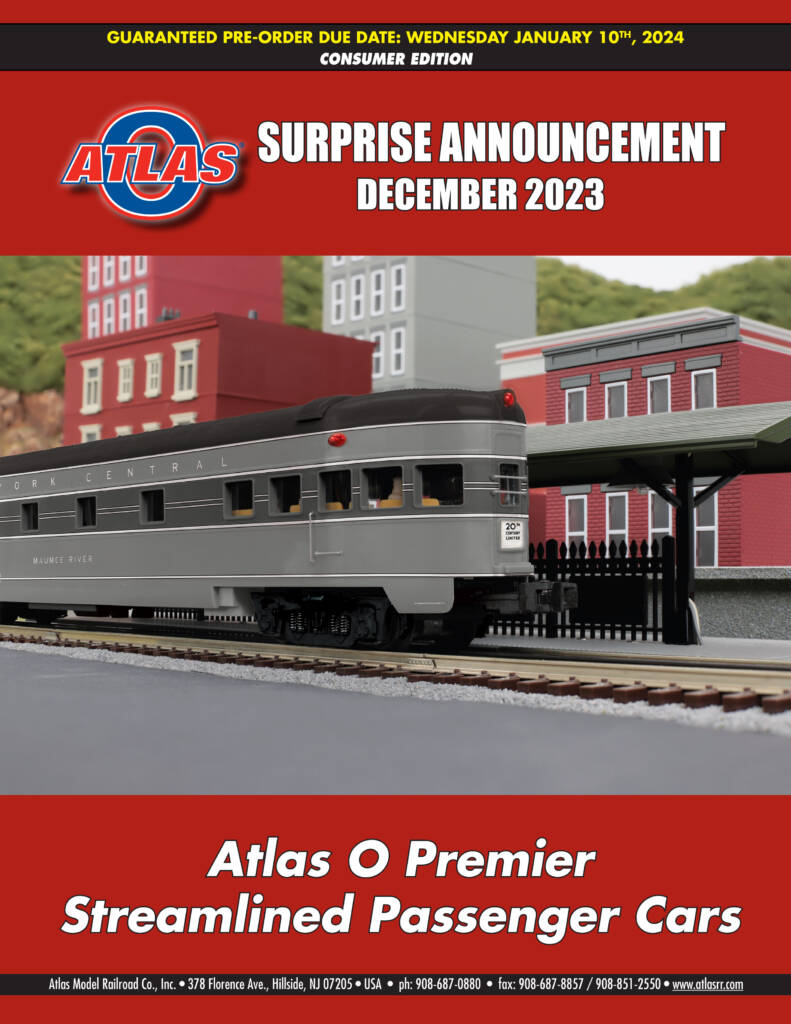 Cover image of Atlas O Premier December 2023 catalog featuring streamlined passenger cars.