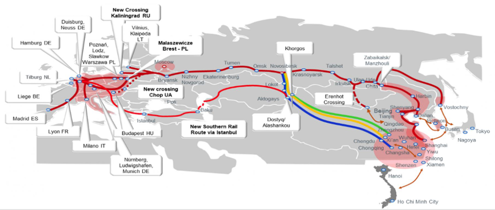 Map showing rail freight routes between China and Europe.