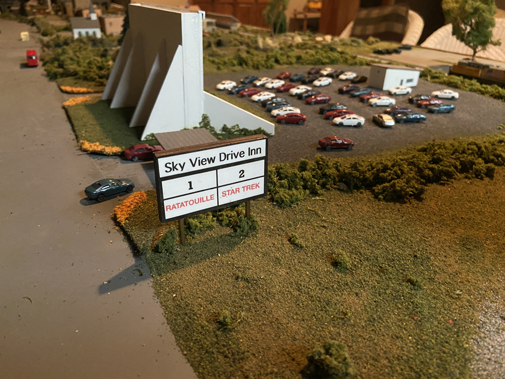 Side view of an N scale model of a drive-in theater