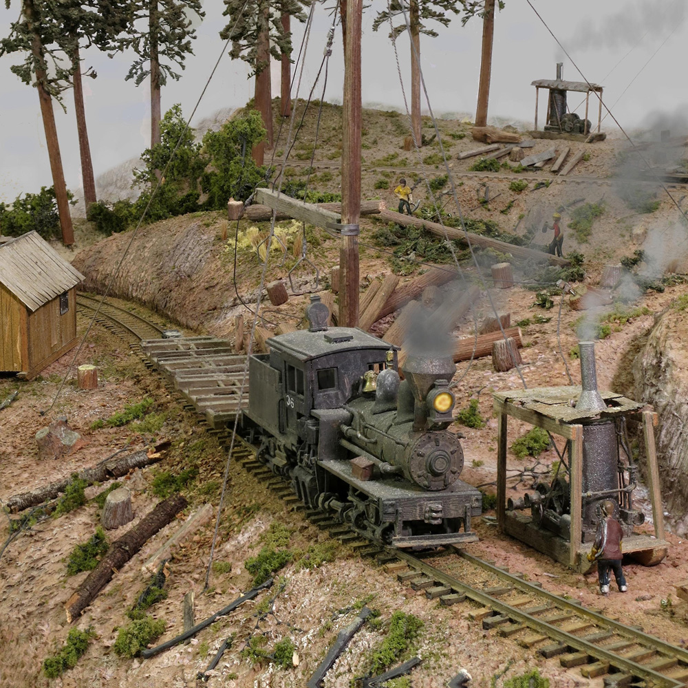A geared steam locomotive shifts empty log cars in a logging camp