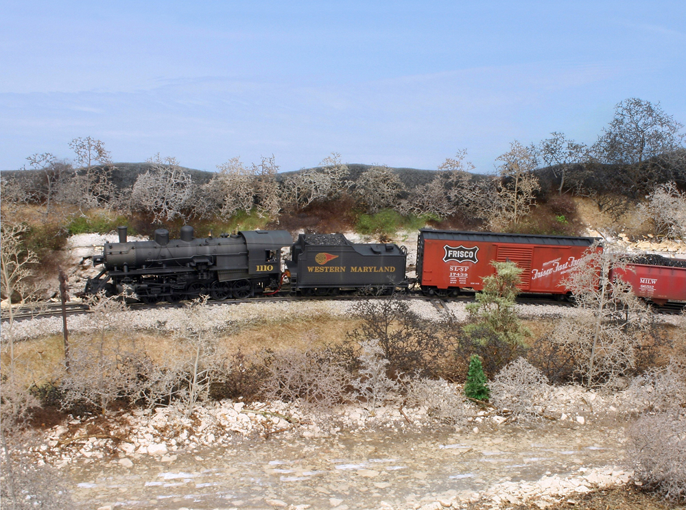 Color photo of HO scale steam locomotive and freight cars on a scenicked layout.