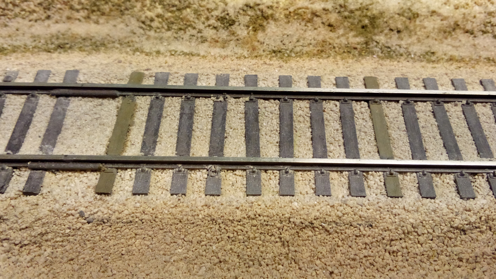 Photo on HO scale layout with ballasted track and painted ties.