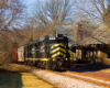 black locomotives with yellow stripes