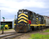 black locomotive with yellow stripes