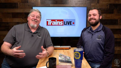 Two men seated for a TV interview. Trains LIVE – season two begins