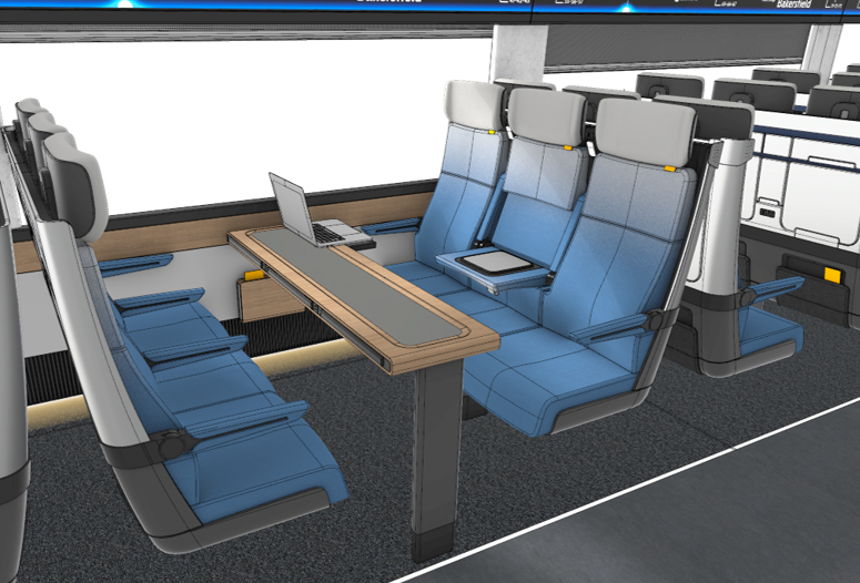 Sets of three seats facing a table