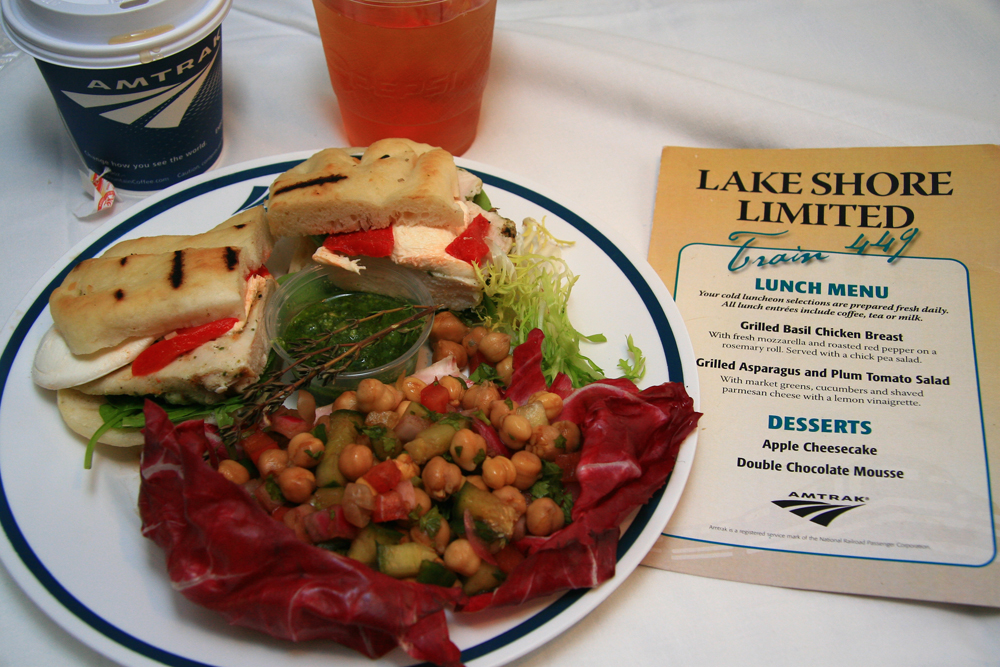 Sandwich and menu on table in dining car