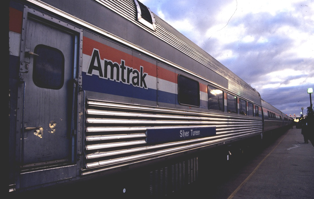 Exterior of dining car at station platform