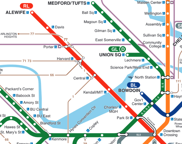 Section of MBTA transit map showing Red Line area to be shut down