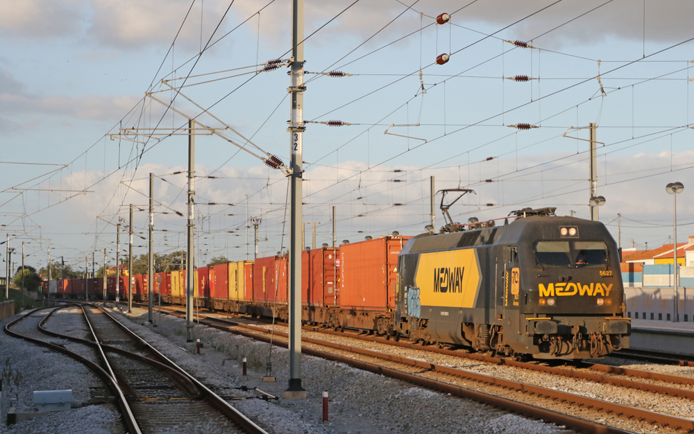 Blue and yellow electric locomotive with container train