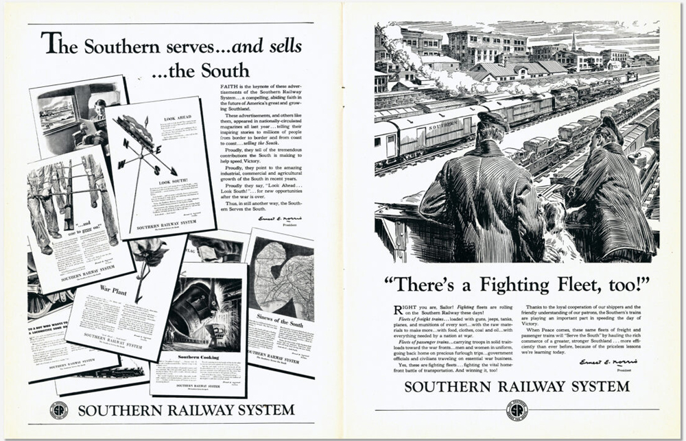 Two black-and-white magazine ads for Southern Railway
