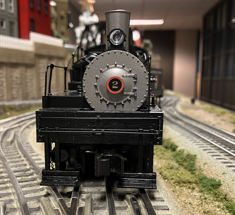 front of model steam locomotive; MTH Premier Line 3-truck Shay