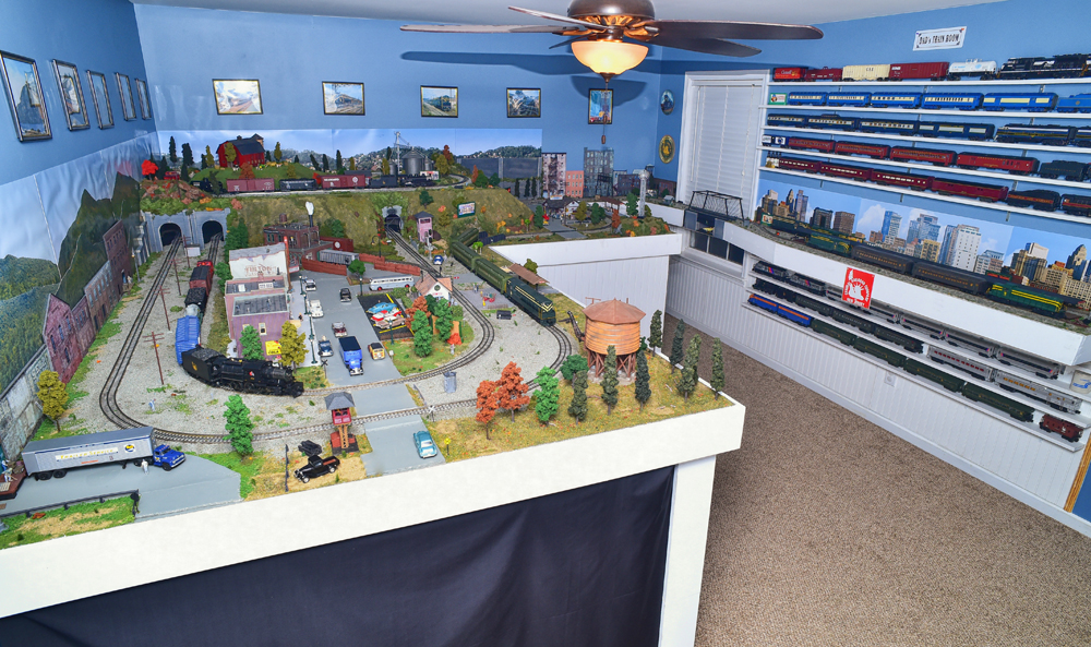 overall shot of toy train layout in a room