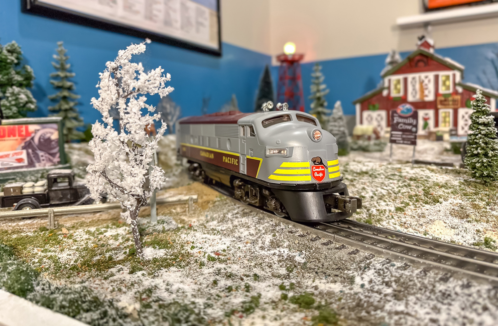 diesel locomotive on layout with snow