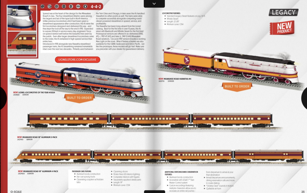 catalog page of silver and orange locomotive