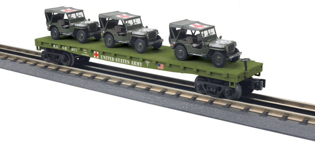 green flatcar with model jeeps