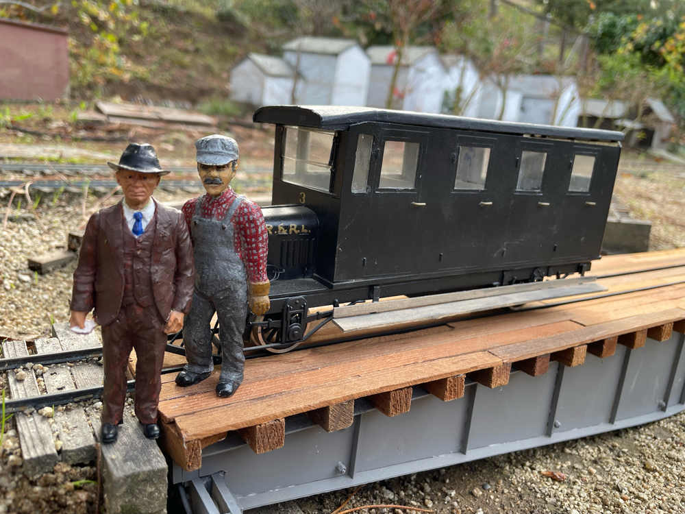 two figures next to model rail car