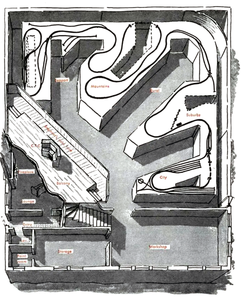 Black and white drawing of a model railroad in a building showing the roof removed.