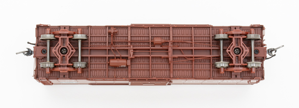Color image showing underbody details on HO scale boxcar. 