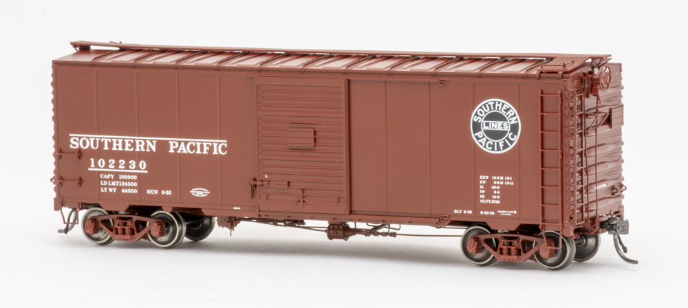 Color 3/4 view of HO scale boxcar painted brown with black and white graphics.