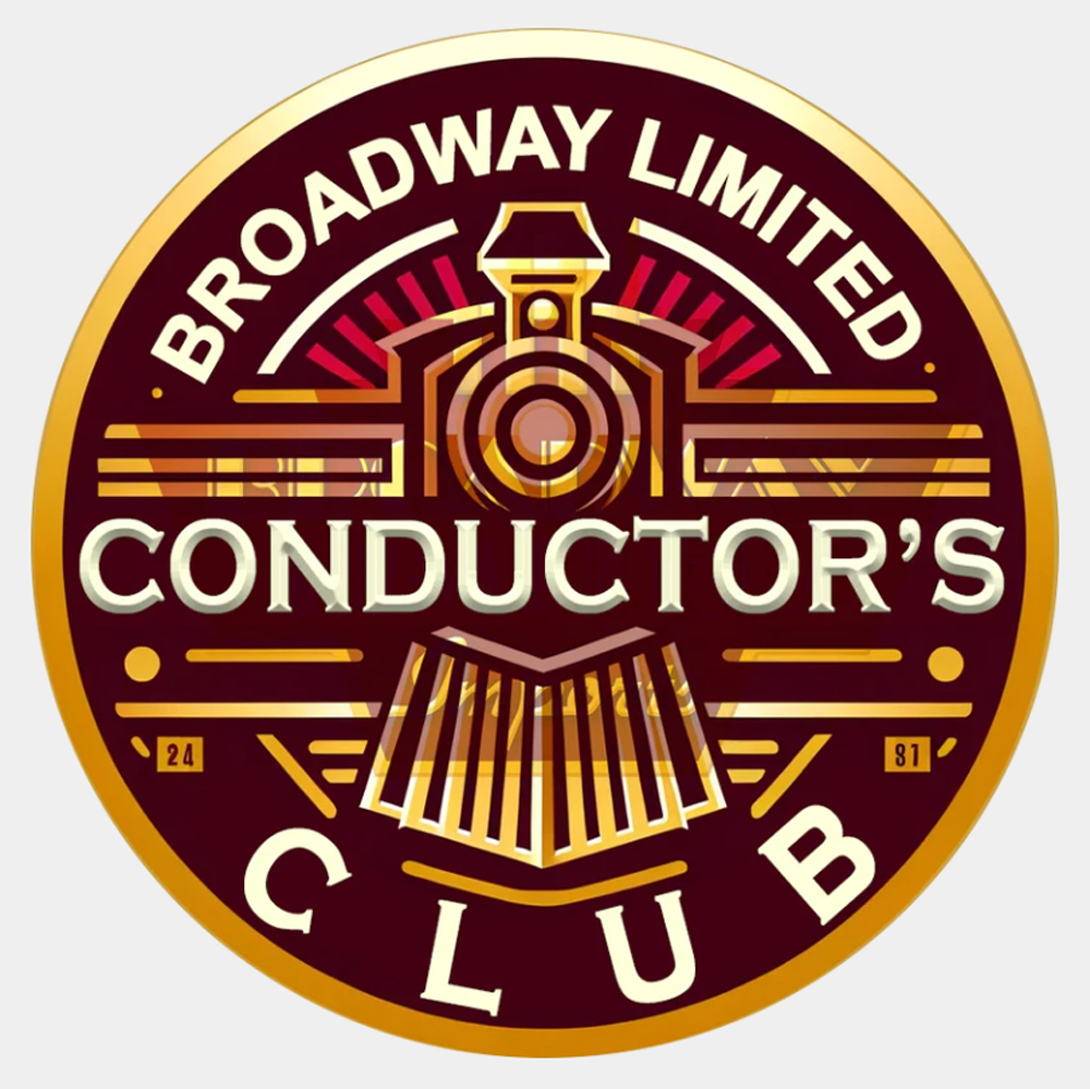 A circular logo depicting the front of a locomotives, with text that reads "Broadway Limited Conductor's Club"