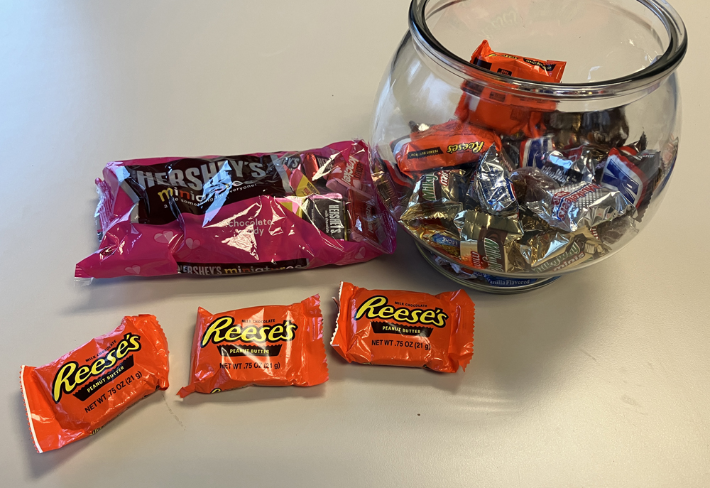 candy next to a candy bowl