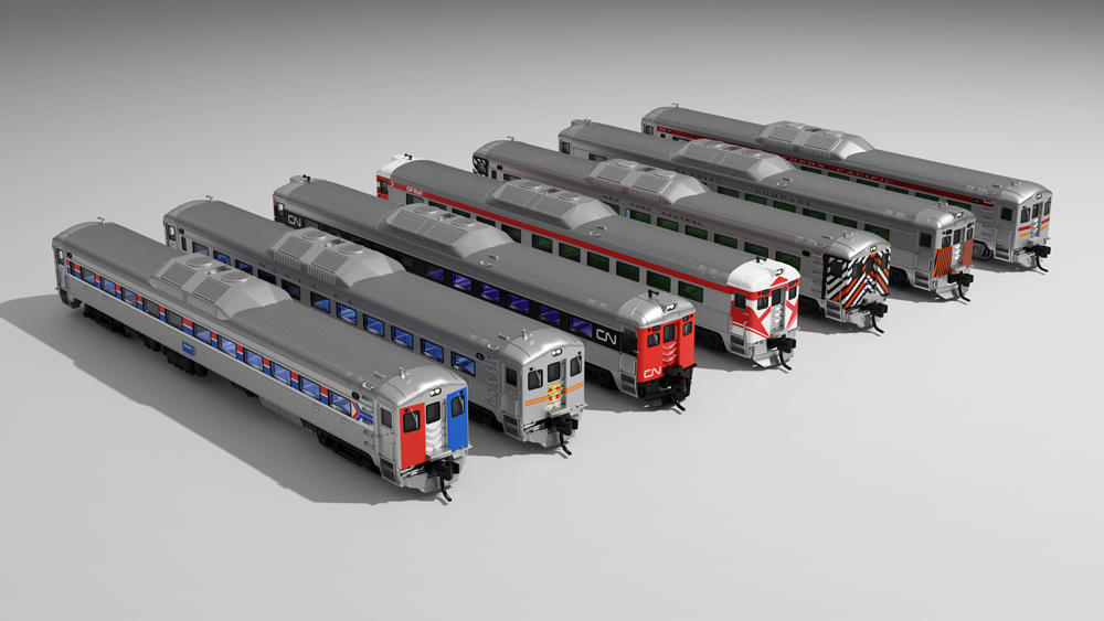 A set of model passenger cars in multiple paint schemes with silver roofs