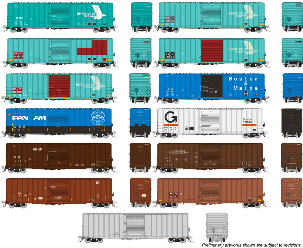 A collection of several model freight cars in different paint schemes