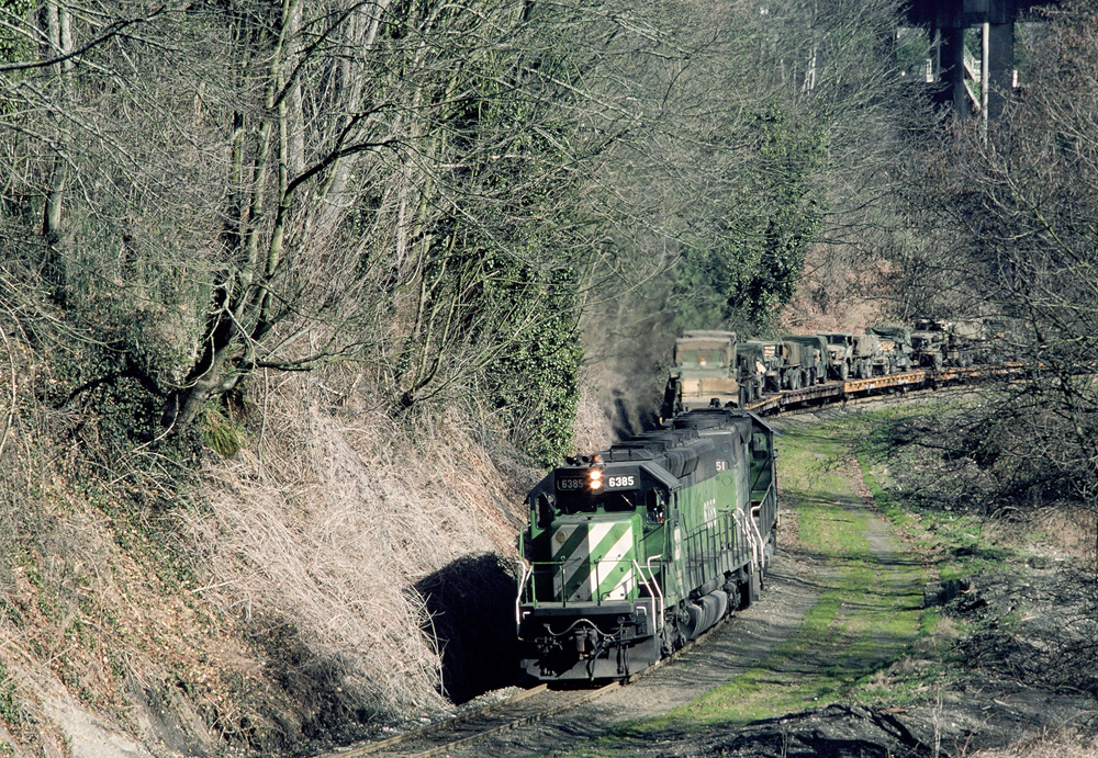 green locomotive in front of trees