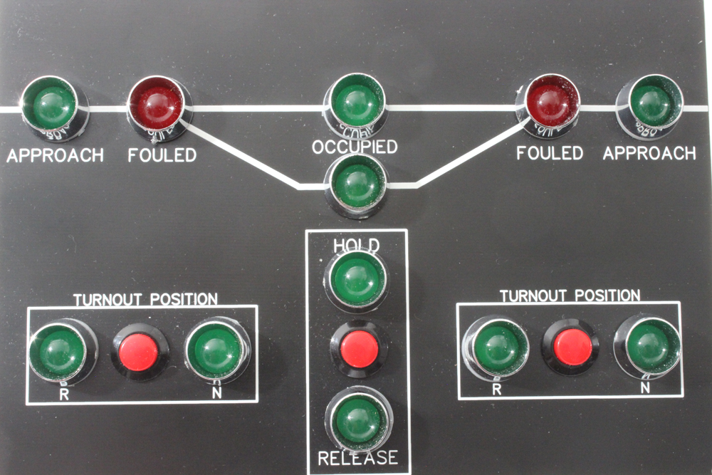 A railroad dispatcher board with red and green lights.