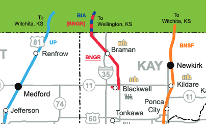 Portion of Oklahoma railroad map showing Blackwell Northern Gateway Railroad