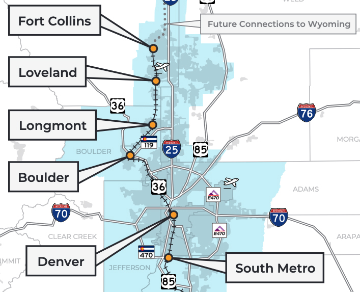 Map of rail route between Denver and Fort Collins, Colo., via Boulder