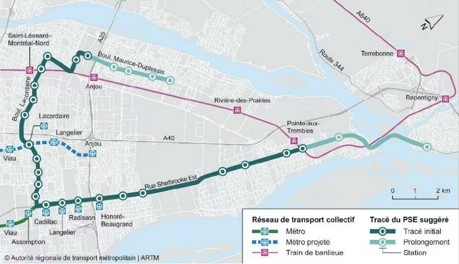 Map of proposed light rail project for eastern Montreal