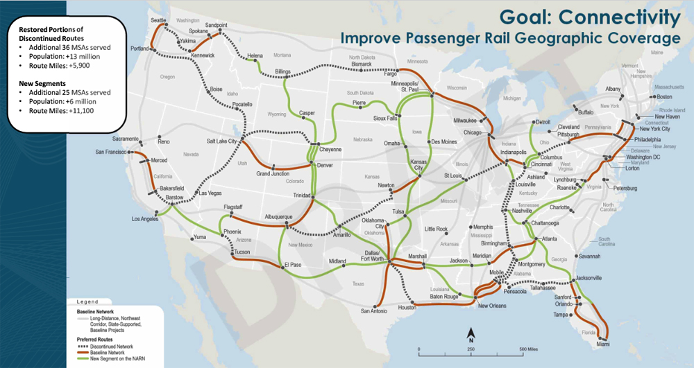Map providing breakdown of new or restored service on 15 proposed Amtrak routes