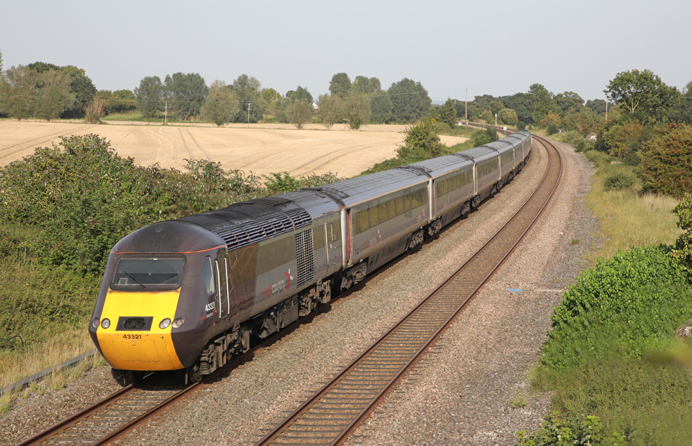 British HST trainset with brown and silver locomotive with yellow nose