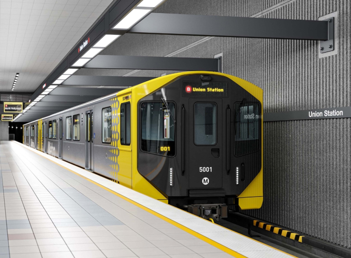 Illustration of stainless steel subway cars with black and yellow front