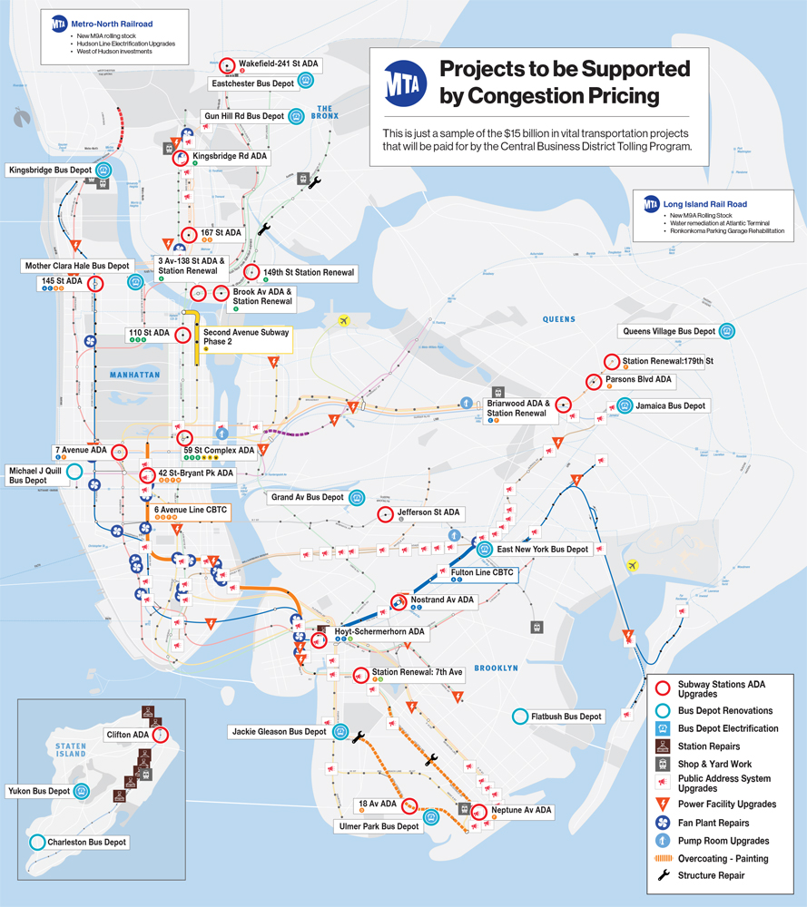 Map showing New York MTA projects supported by congestion pricing funds