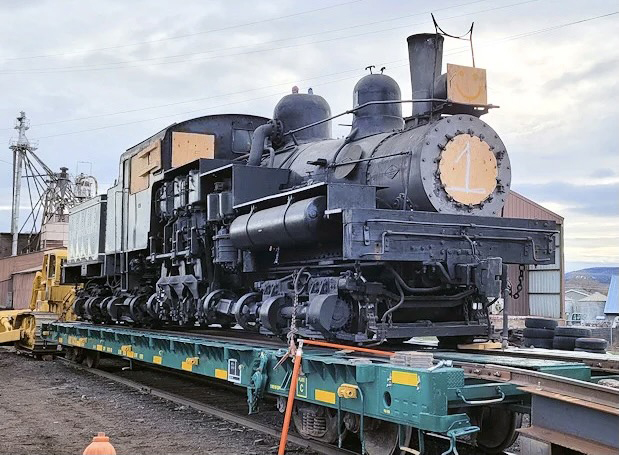 Shay locomotive on flatcar