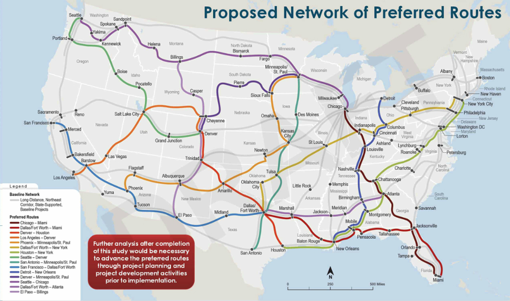 Map showing 15 proposed new Amtrak long-distance routes