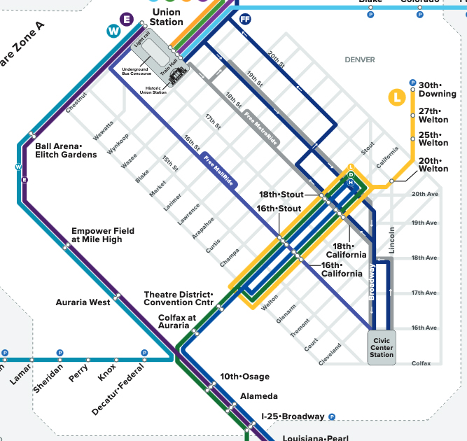 Map showing light rail in downtown Denver