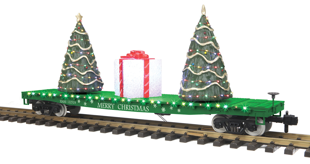 christmas trees on flatcar