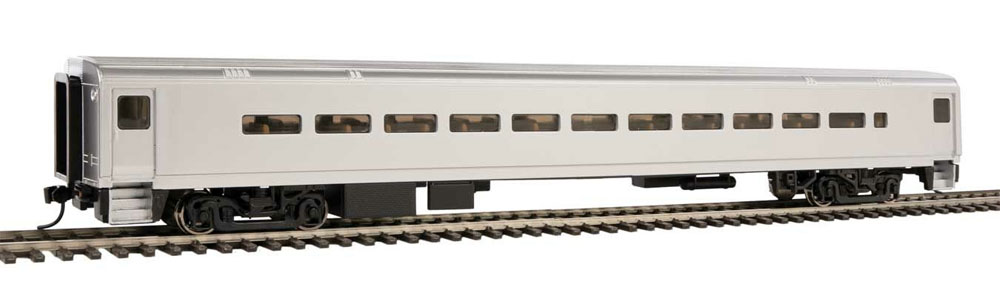 An undecorated silver modern passenger coach