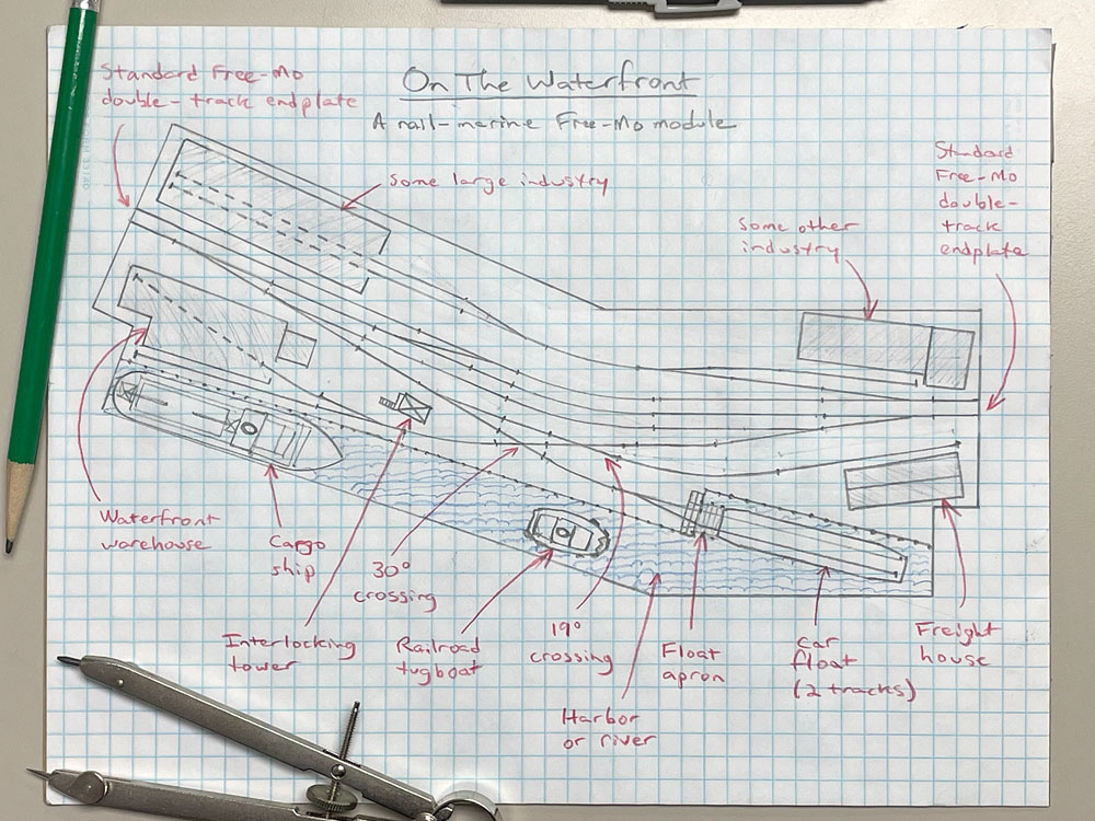 A pencil sketch of a track plan for a rail-marine Free-Mo module