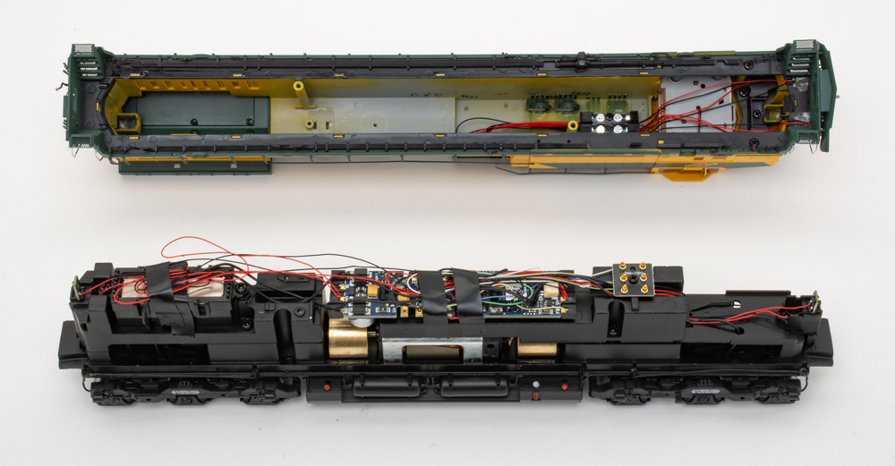 Color photo showing mechanism of HO scale locomotive.