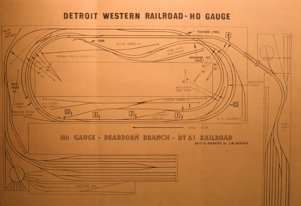 Color photo of model railroad track plan.