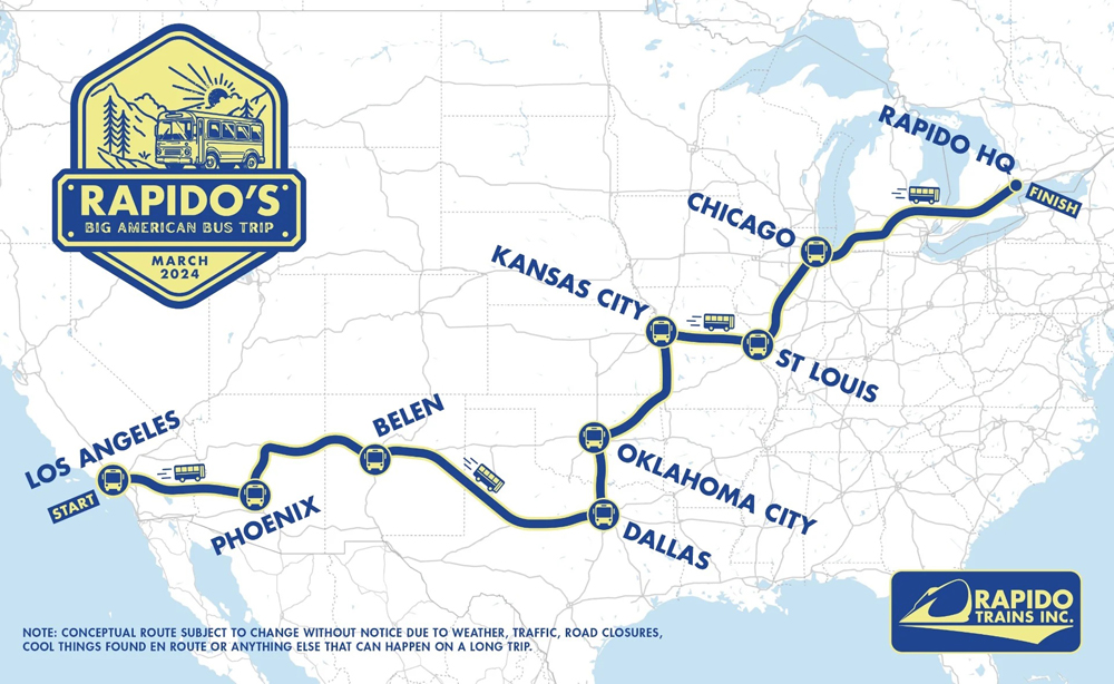 A map of the United States showing various stops along the Rapido Trains US tour