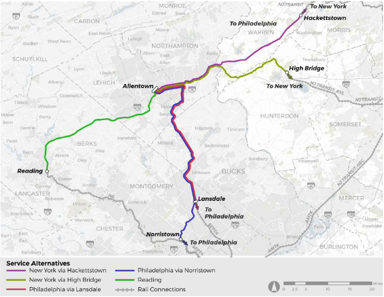 Map of possible passenger routes to Allentown, Pa.